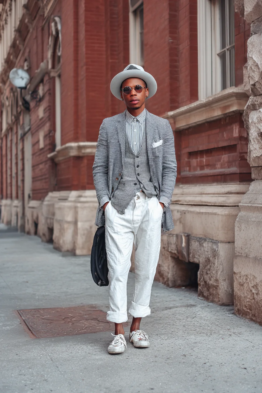 Modern Smart-Casual: Grey Blazer, Waistcoat & Rolled White Trousers