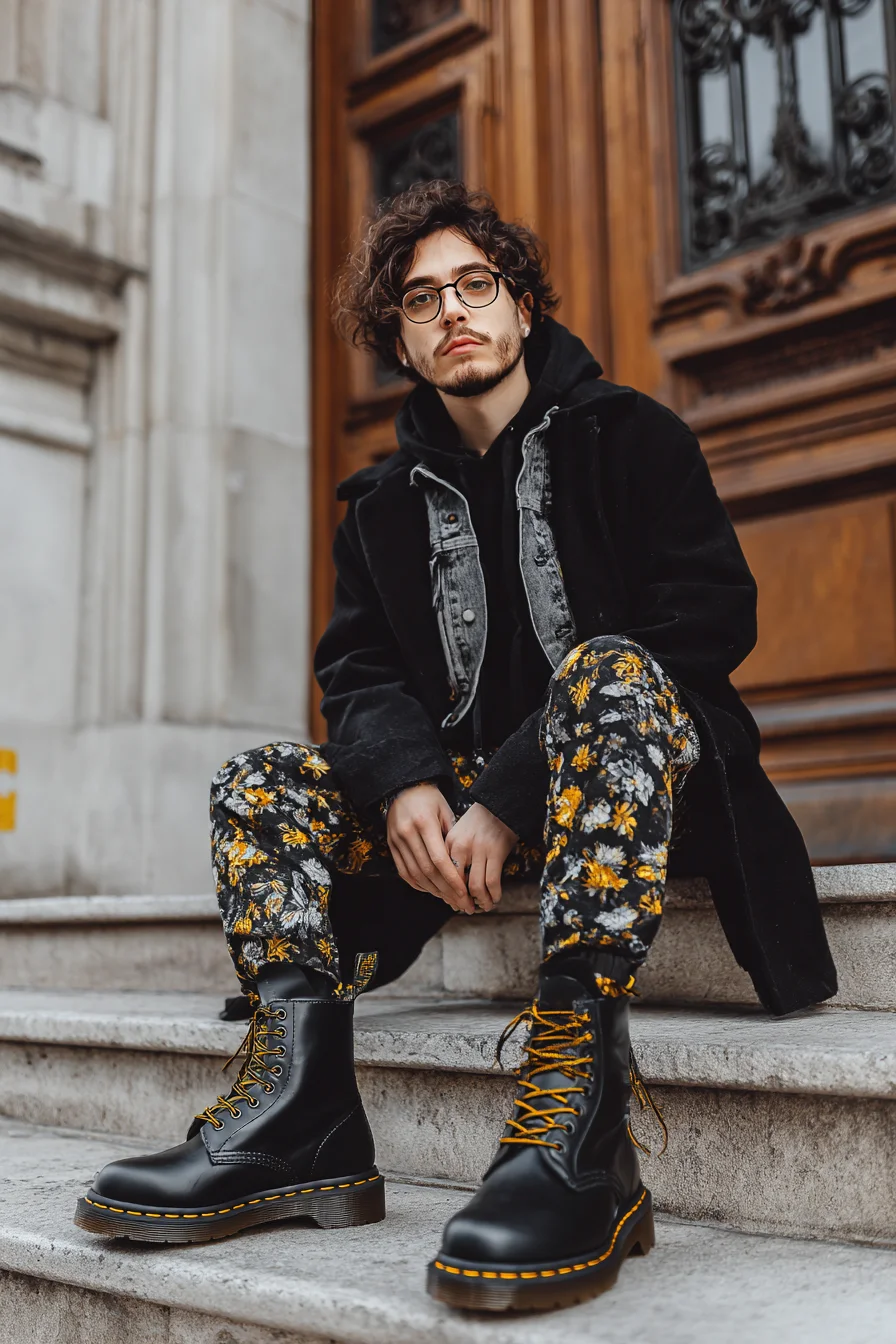 Modern Streetwear: Layered Denim, Floral Trousers & Black Combat Boots