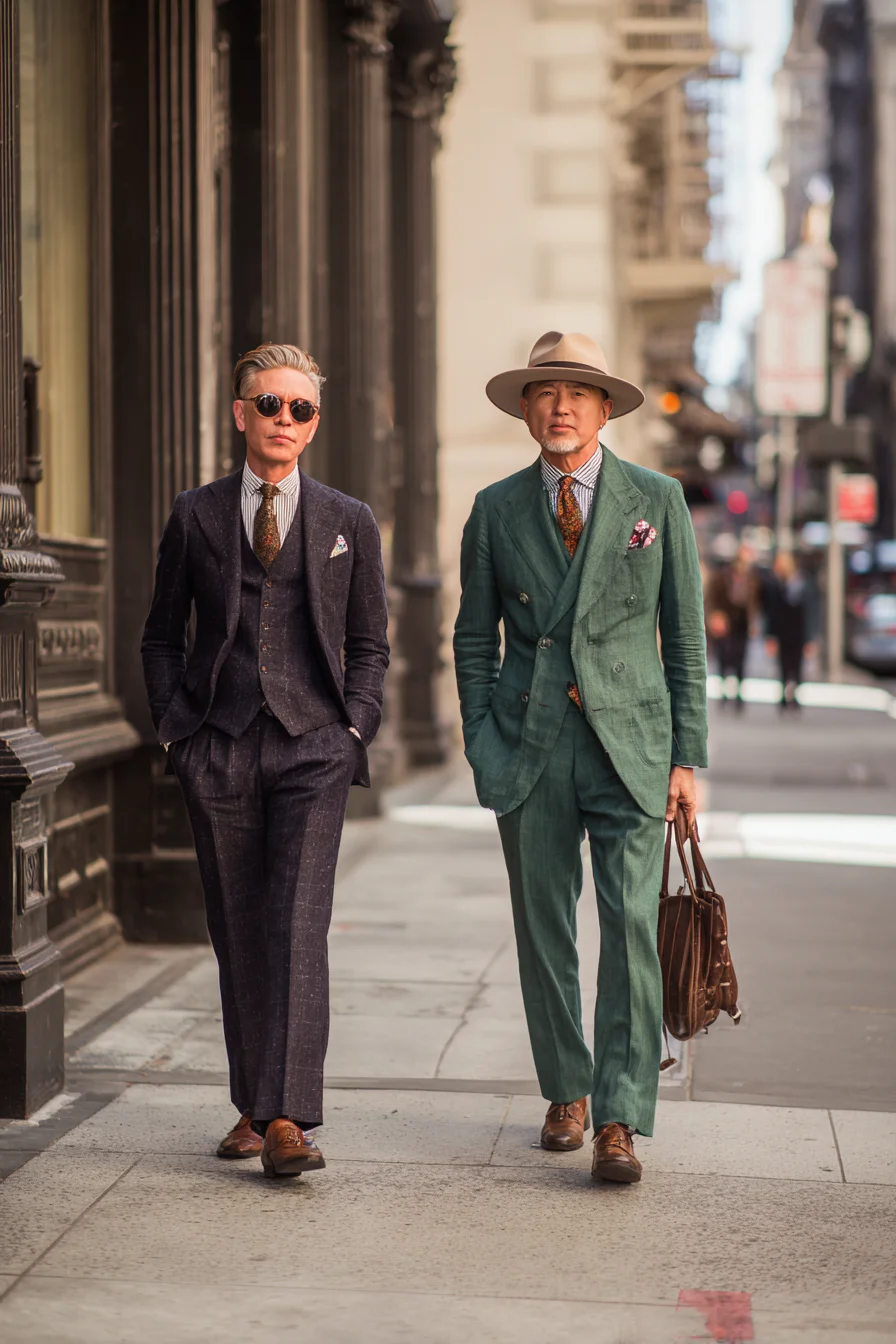 Modern Tailoring: Double-Breasted Green Suit & Classic Three‑Piece Dark Suit for Men