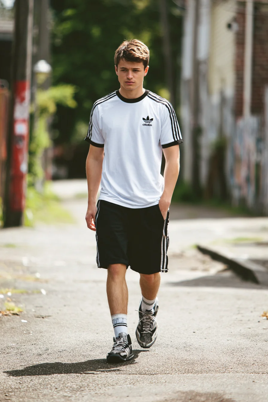 Monochrome Athleisure: Streetwear Tee, Track Shorts & Running Sneakers