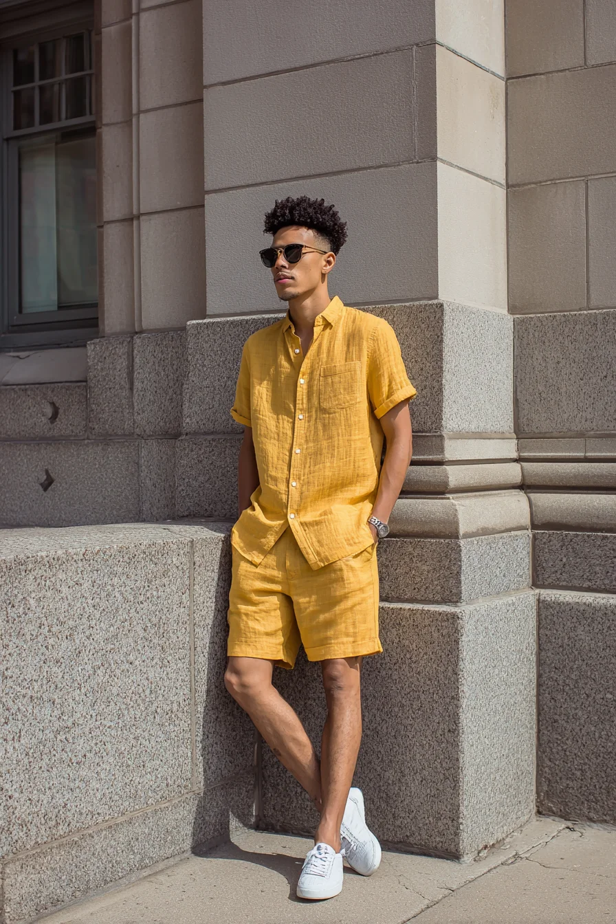 Mustard Linen Shirt-and-Shorts Set — Casual Mens Summer Outfit with White Sneakers