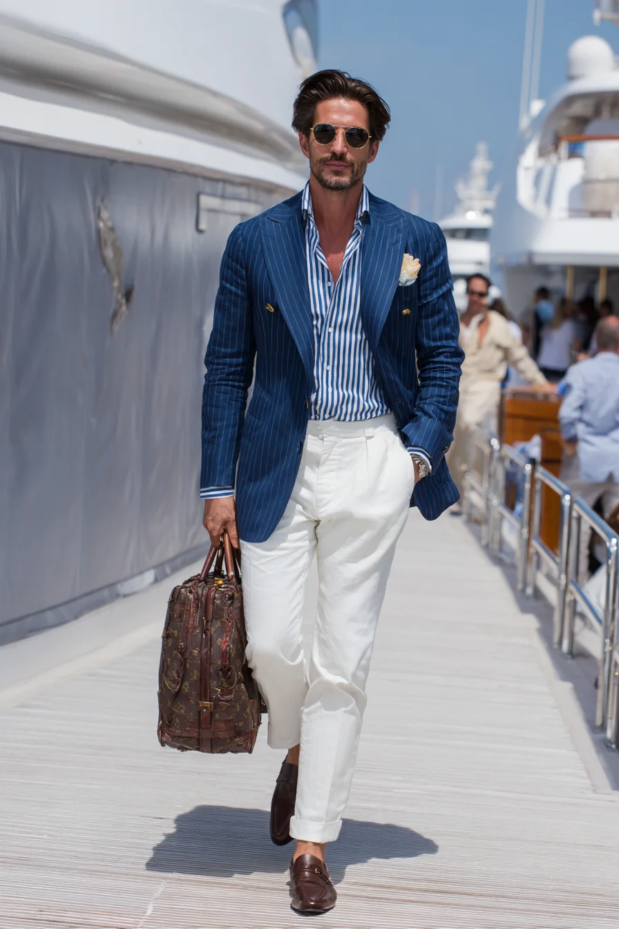 Nautical Smart-Casual: Navy Pinstripe Blazer with White Trousers