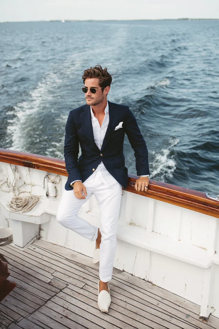 Navy Blazer and White Linen Trousers — Smart Coastal Mens Summer Look