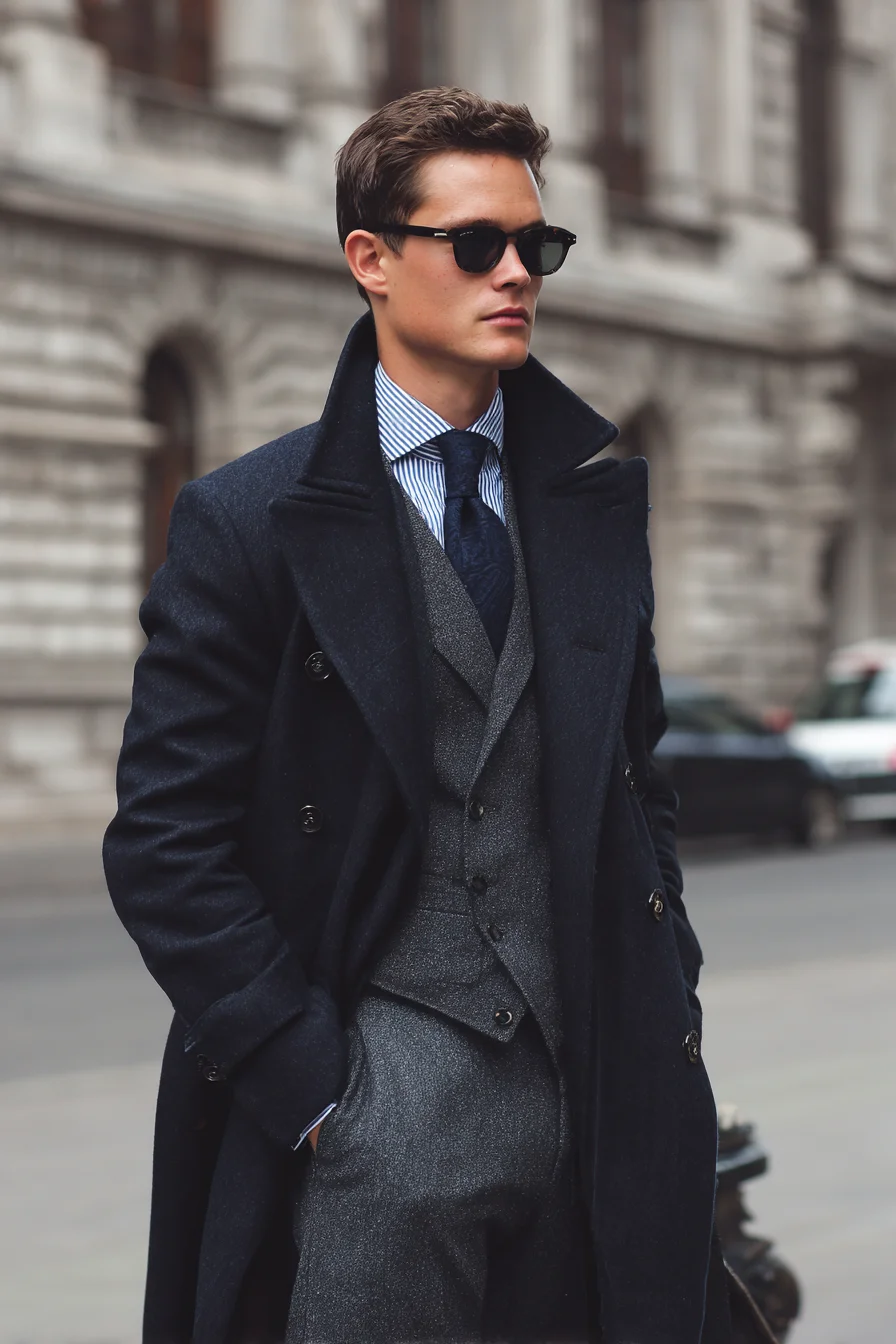 Navy Overcoat with Charcoal Three-Piece Suit — Modern Business Formal Look