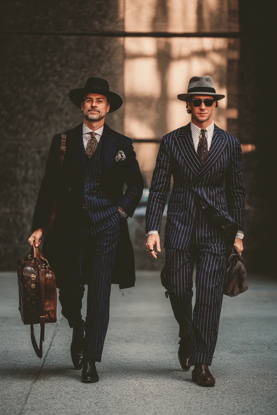 Navy Pinstripe Suits with Fedoras - Modern Vintage Business Attire