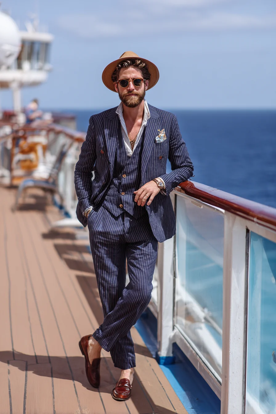 Navy Pinstripe Three‑Piece for Summer Cruise & Resort Smart‑Casual