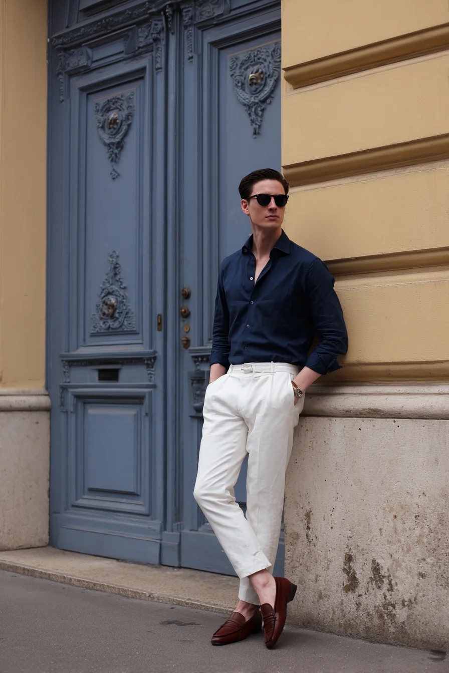 Navy Shirt & White Trousers — Smart-Casual Summer Look for Men