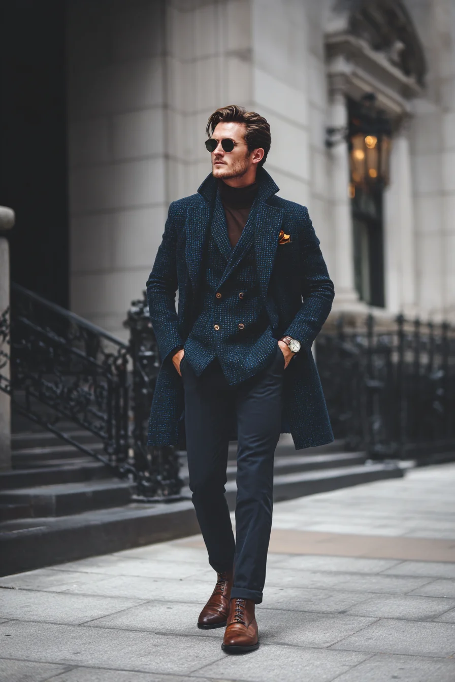 Navy Textured Overcoat & Turtleneck — Smart Casual Winter Ensemble