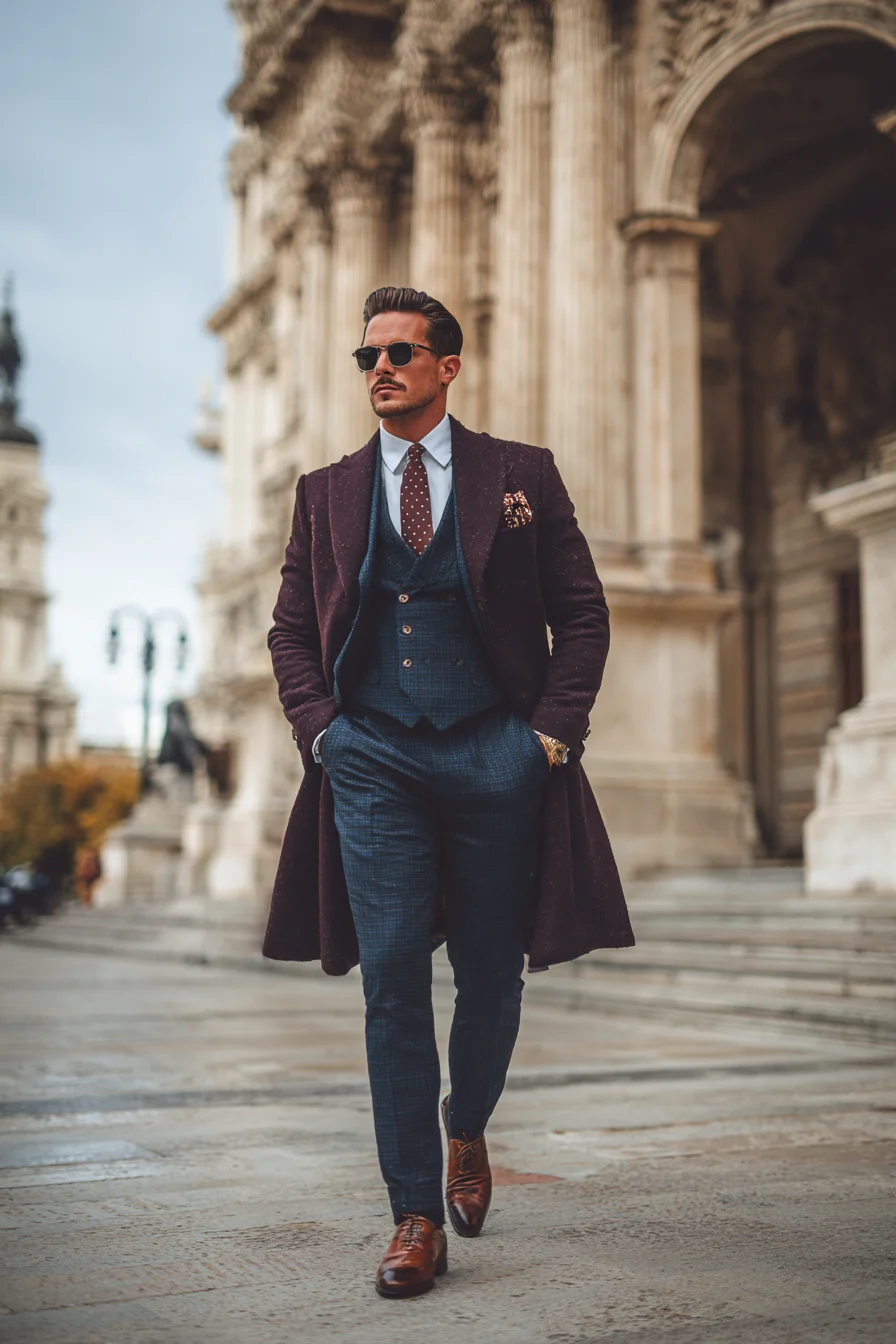 Navy Three-Piece Suit with Burgundy Overcoat — Modern Mens Business Style
