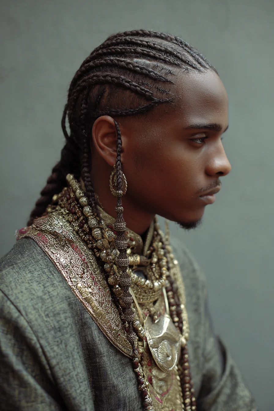 Neat Cornrows with Long Braids and Bead Accents — Mens Braided Hairstyle