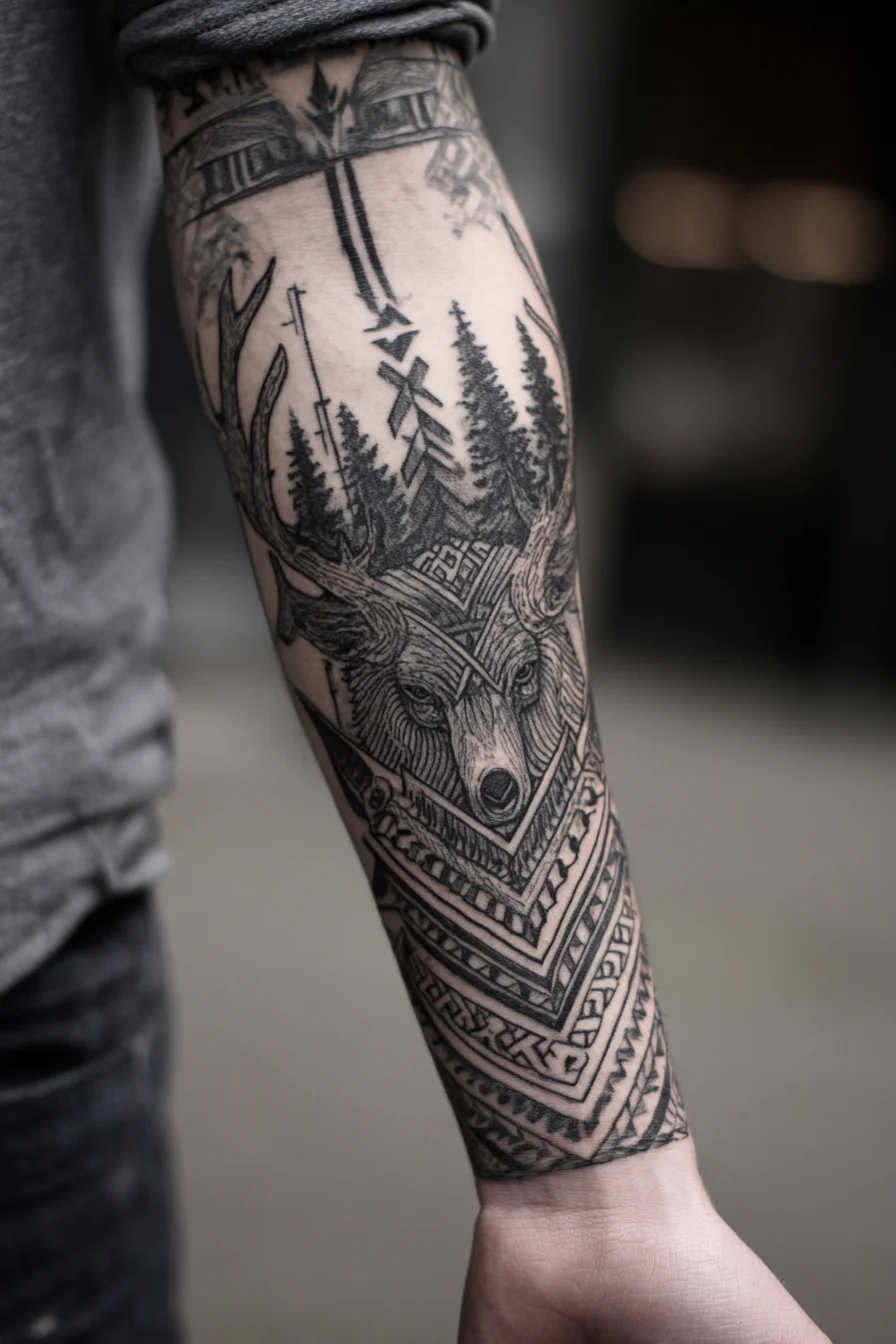 Nordic Stag Forearm Tattoo — Geometric Blackwork Woodland Sleeve