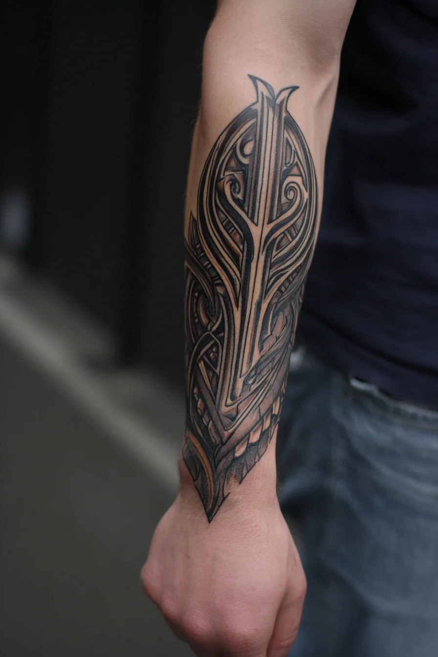 Nordic Tribal Forearm Tattoo — Blackwork Knot & Shield Motif