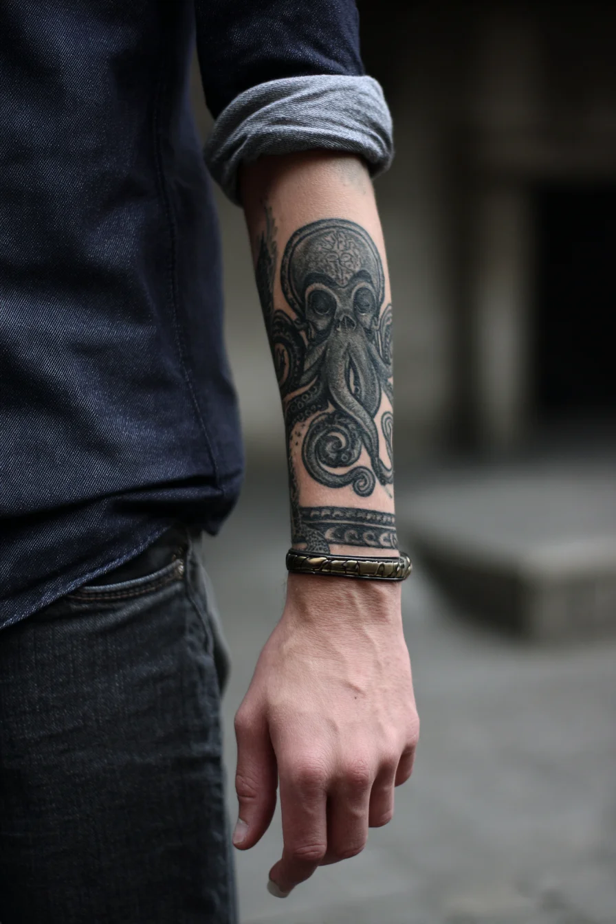 Octopus Skull Forearm Tattoo — Blackwork Nautical Design