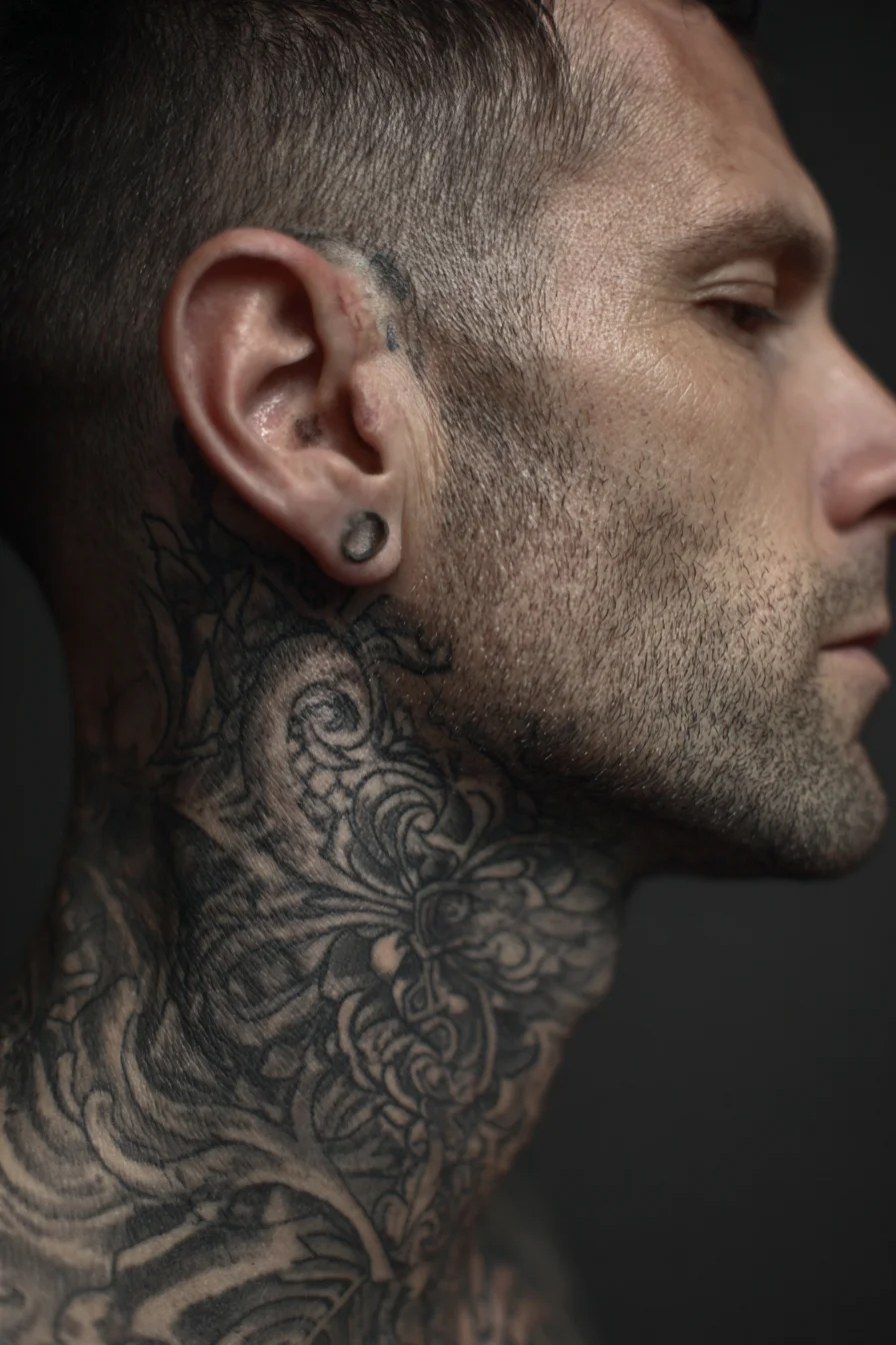Ornamental Blackwork Neck Tattoo - Filigree Wrap for Men