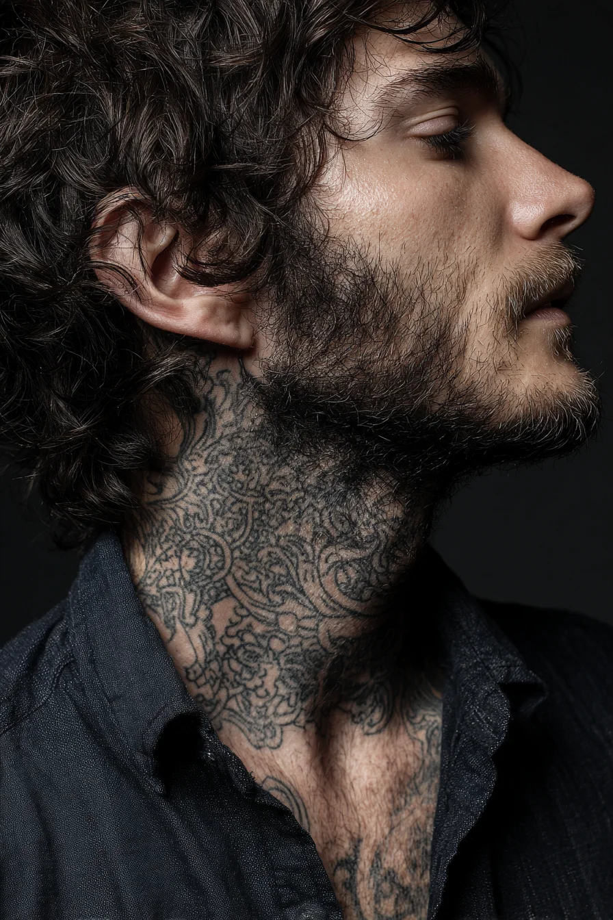 Ornamental Blackwork Neck Tattoo — Floral Mandala Pattern for Men