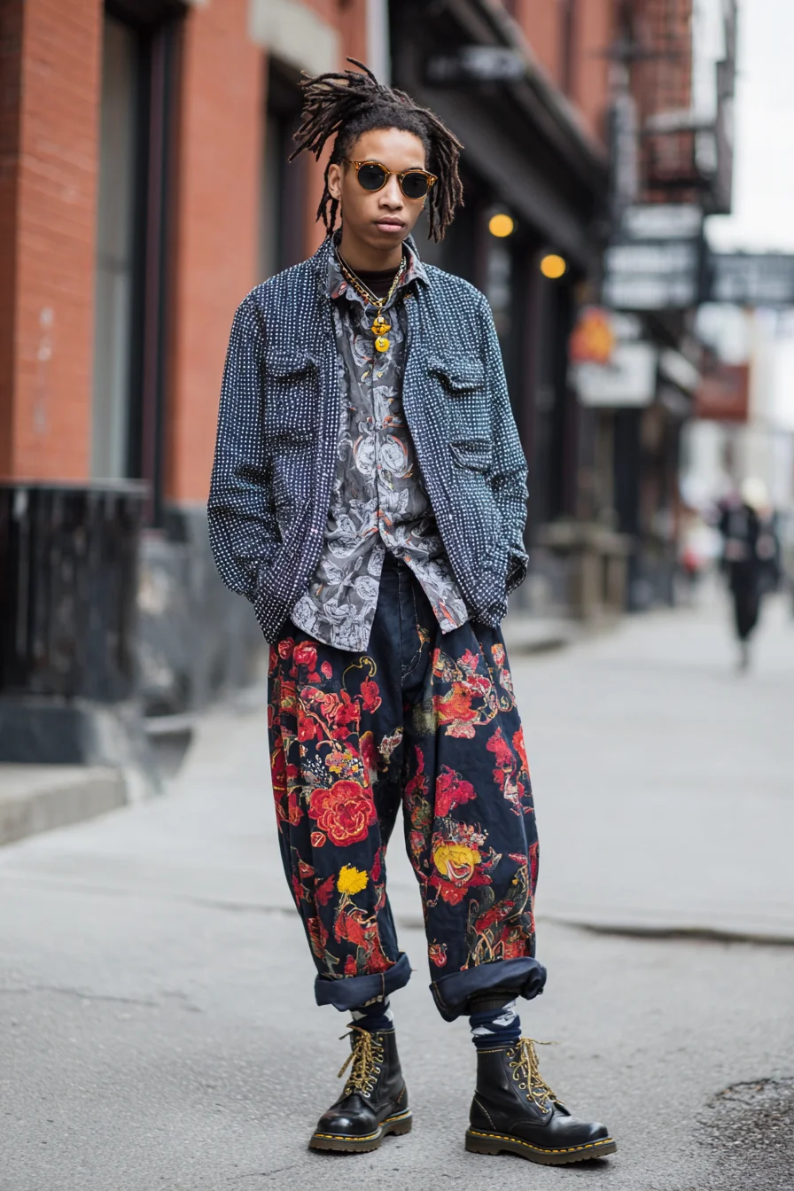 Patterned Street Style: Layered Shirts, Floral Wide-Leg Trousers & Combat Boots