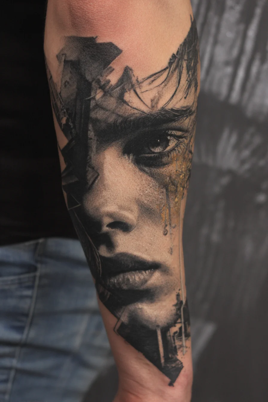 Photorealistic Portrait Forearm Tattoo with Geometric Fragmentation & Gold Accents