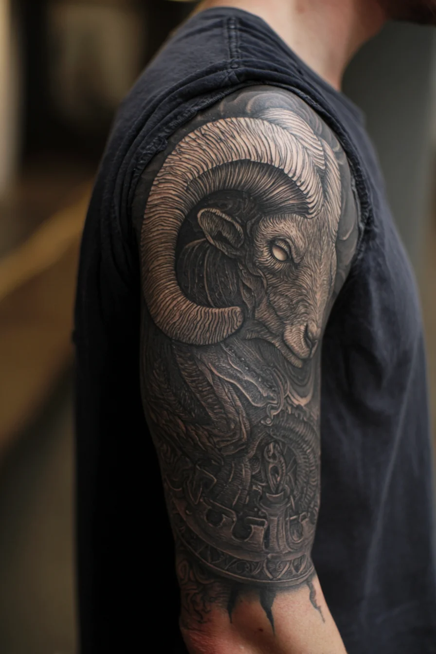 Ram Horn Tattoo — Black & Grey Realism Half‑Sleeve for Men