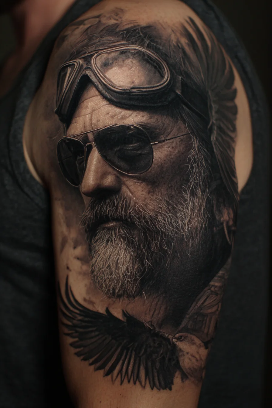 Realistic Aviator Portrait Half‑Sleeve Tattoo — Beard, Goggles & Flying Bird
