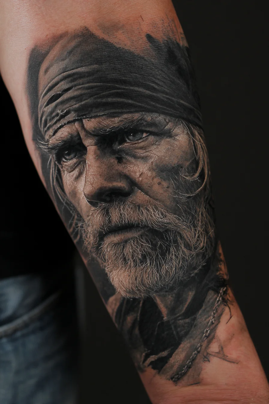 Realistic Bearded Sailor Portrait Tattoo — Black & Grey Forearm Design