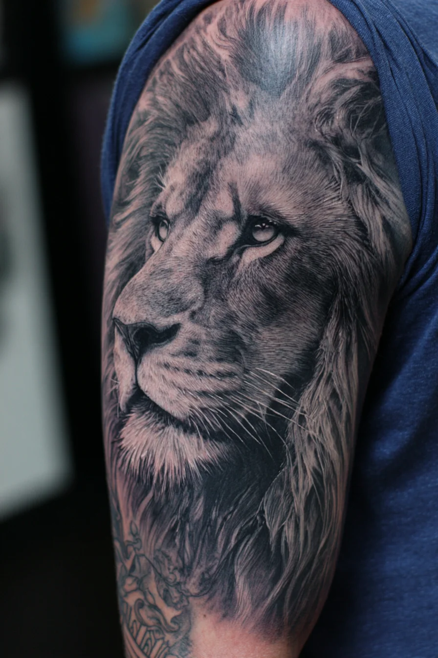 Realistic Black & Gray Lion Portrait Tattoo — Upper Arm Sleeve