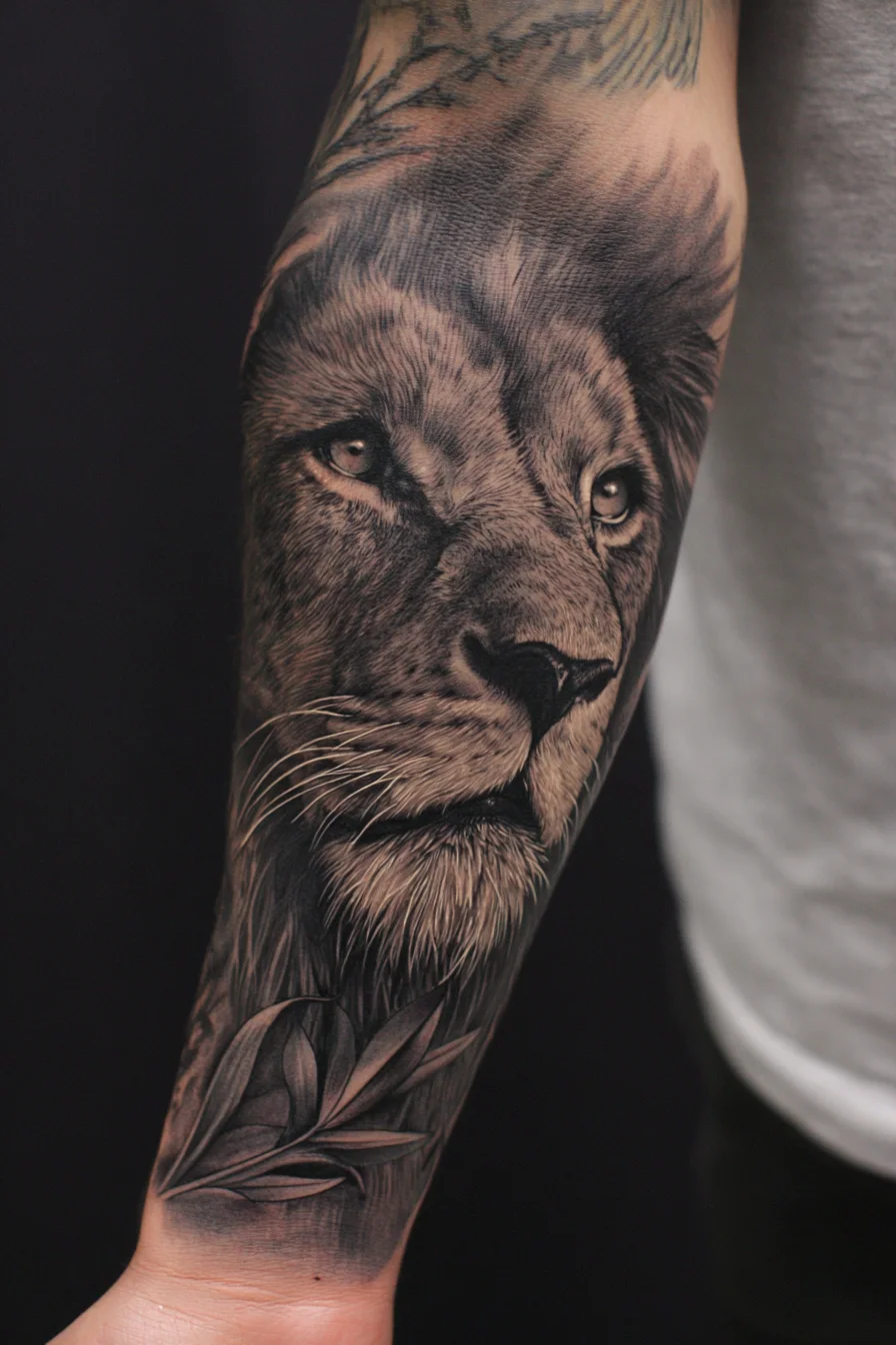 Realistic Black & Grey Lion Forearm Tattoo — Masculine Strength & Courage