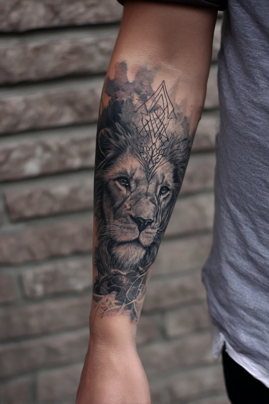 Realistic Black & Grey Lion Forearm Tattoo — Regal Strength Portrait
