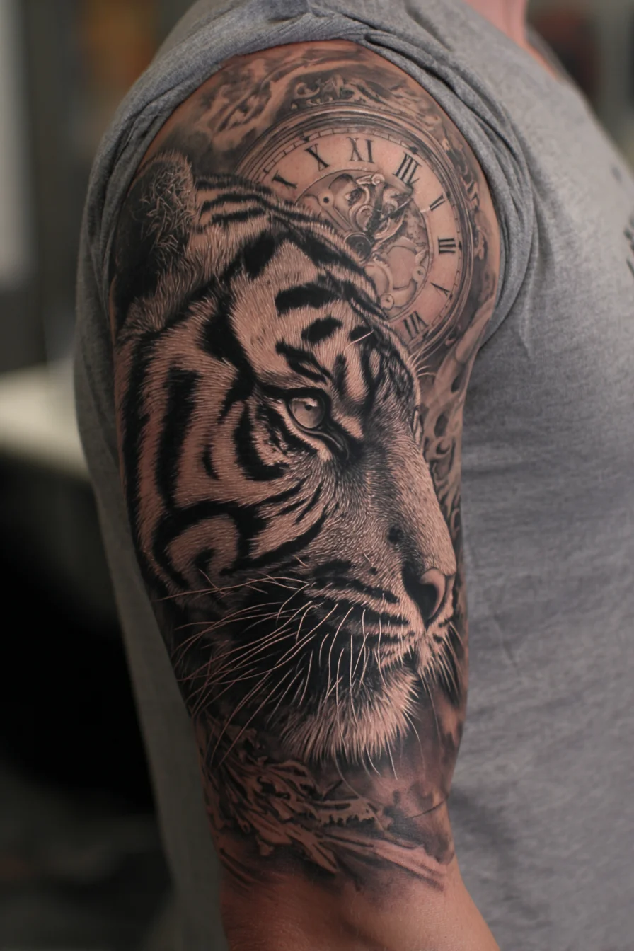 Realistic Black & Grey Tiger with Pocket Watch — Upper-Arm Half Sleeve Tattoo