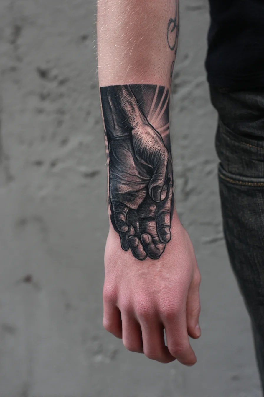 Realistic Clasped Hands Forearm Tattoo — Black & Gray Symbol of Connection