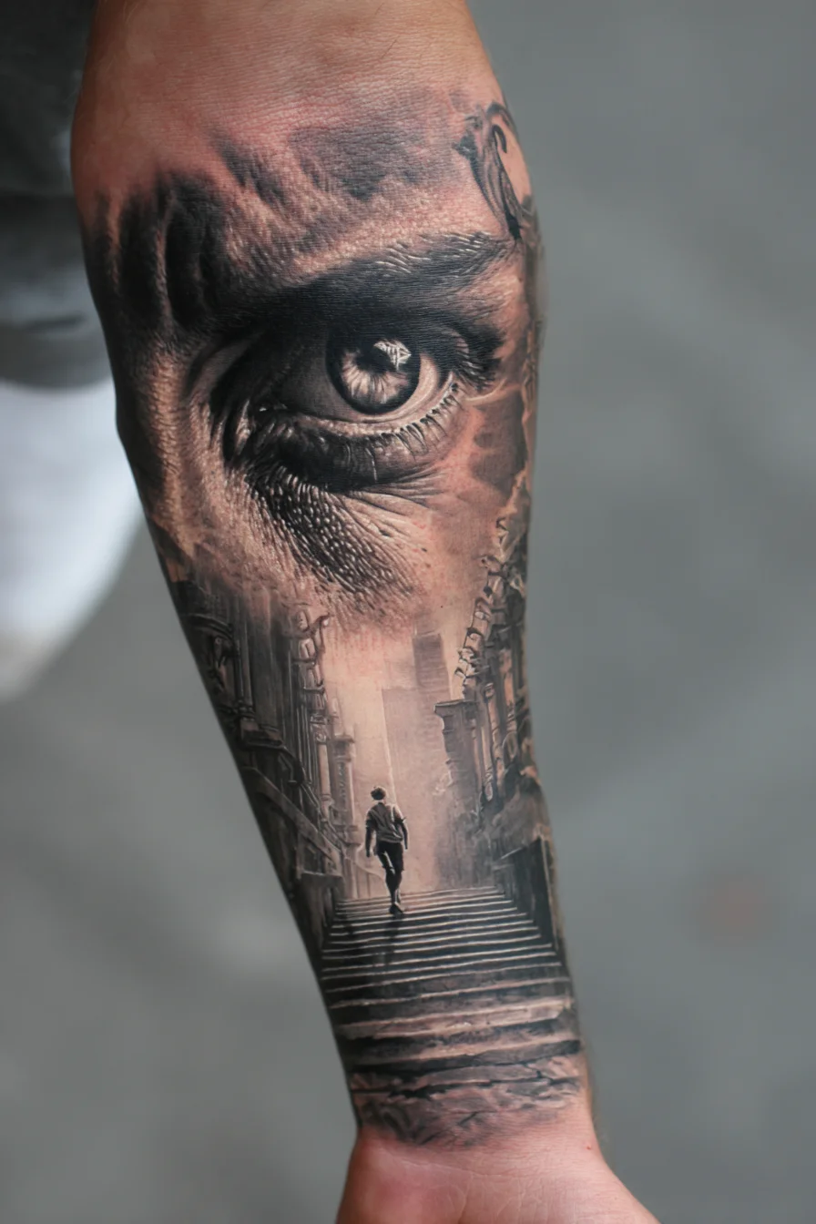 Realistic Eye & Urban Staircase Forearm Tattoo — Black and Grey Sleeve