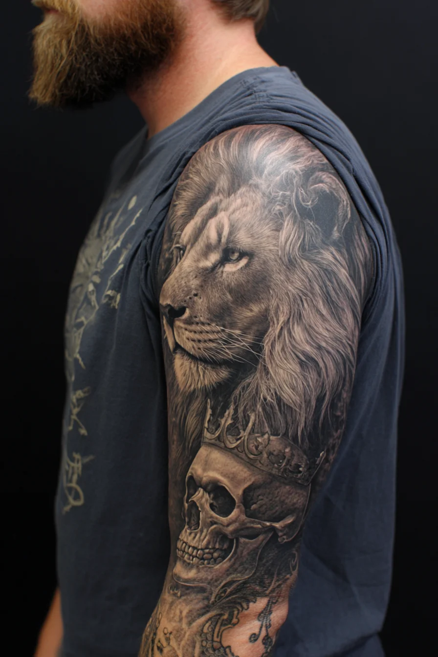 Realistic Lion and Crowned Skull Half‑Sleeve — Upper Arm Masculine Tattoo