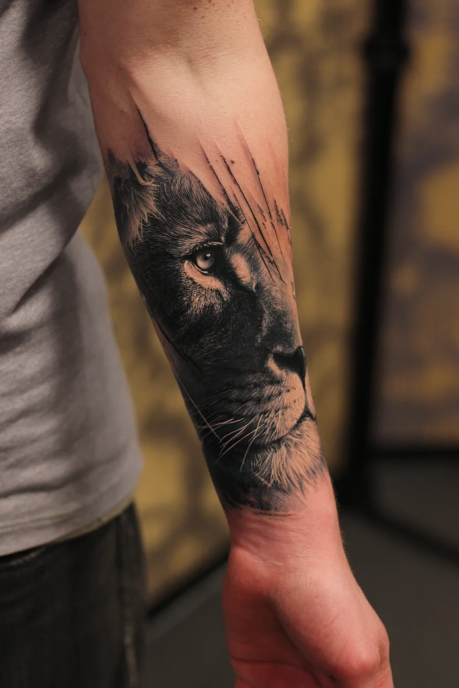 Realistic Lion Forearm Tattoo — Black & Grey Portrait for Men