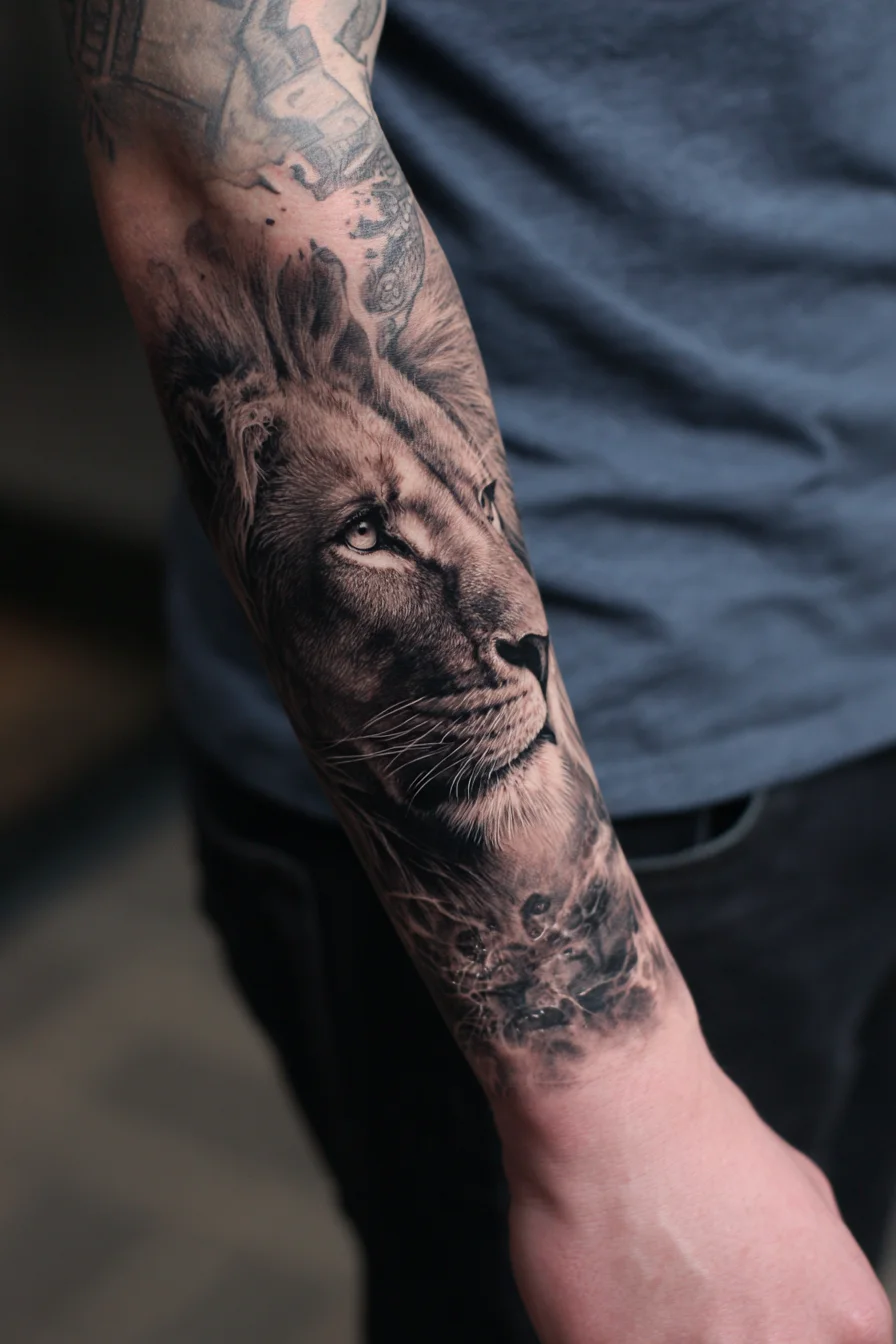 Realistic Lion Forearm Tattoo — Photorealism, Black & Grey Sleeve
