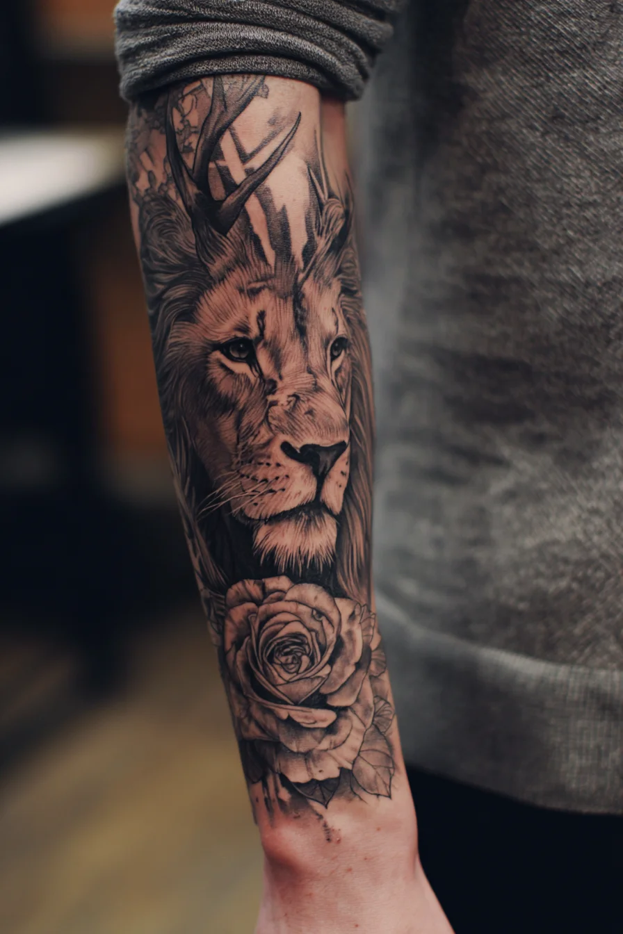 Realistic Lion & Rose Forearm Tattoo — Black & Grey Masculine Sleeve