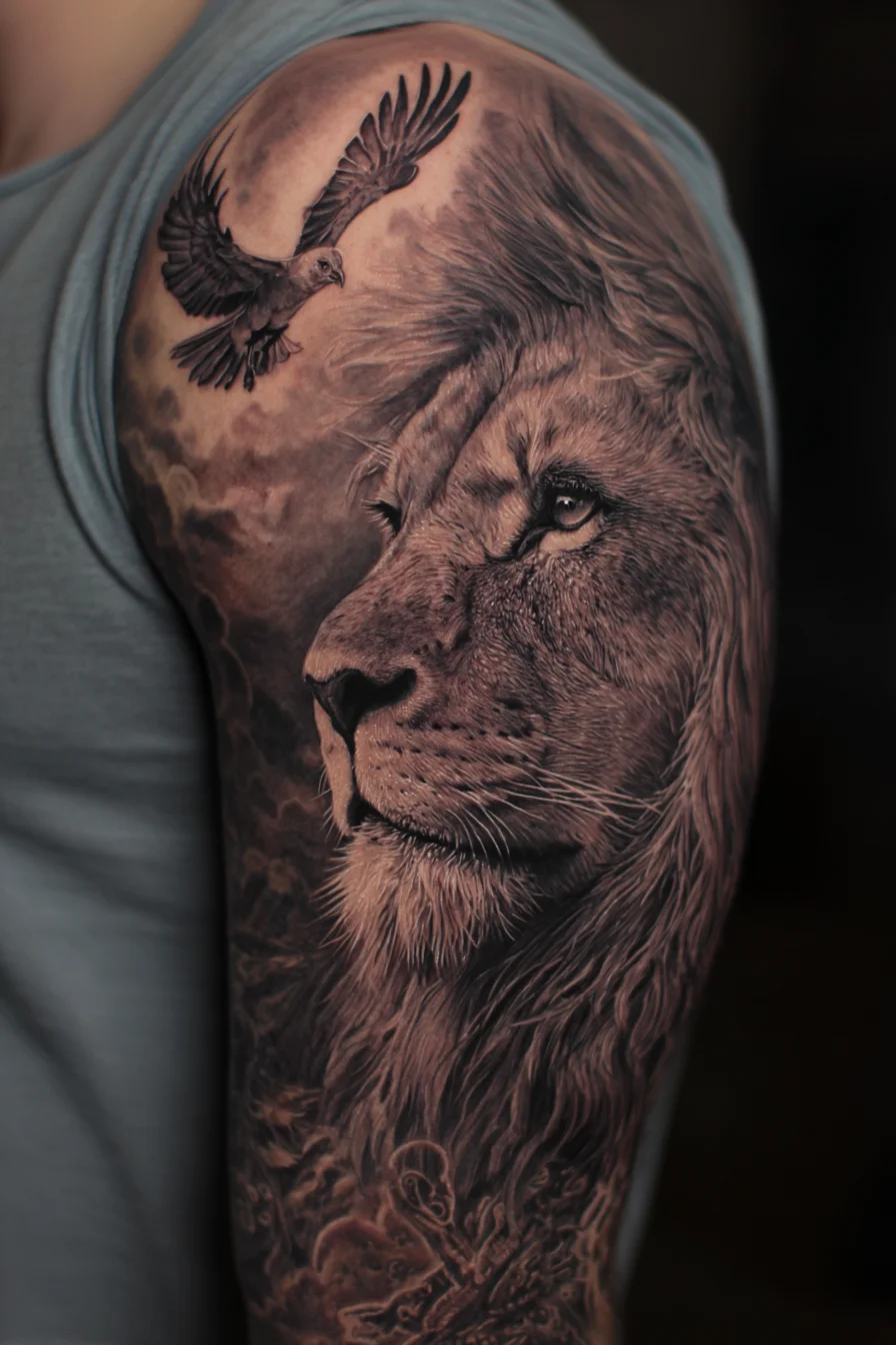 Realistic Lion Shoulder Tattoo — Black & Grey Half‑Sleeve with Flying Bird