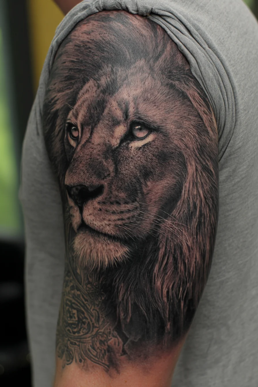 Realistic Lion Shoulder Tattoo — Men’s Half‑Sleeve Portrait Design