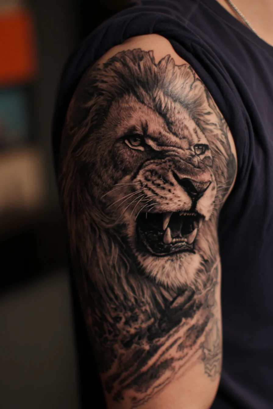Realistic Roaring Lion Tattoo — Upper Arm Strength & Masculine Detail