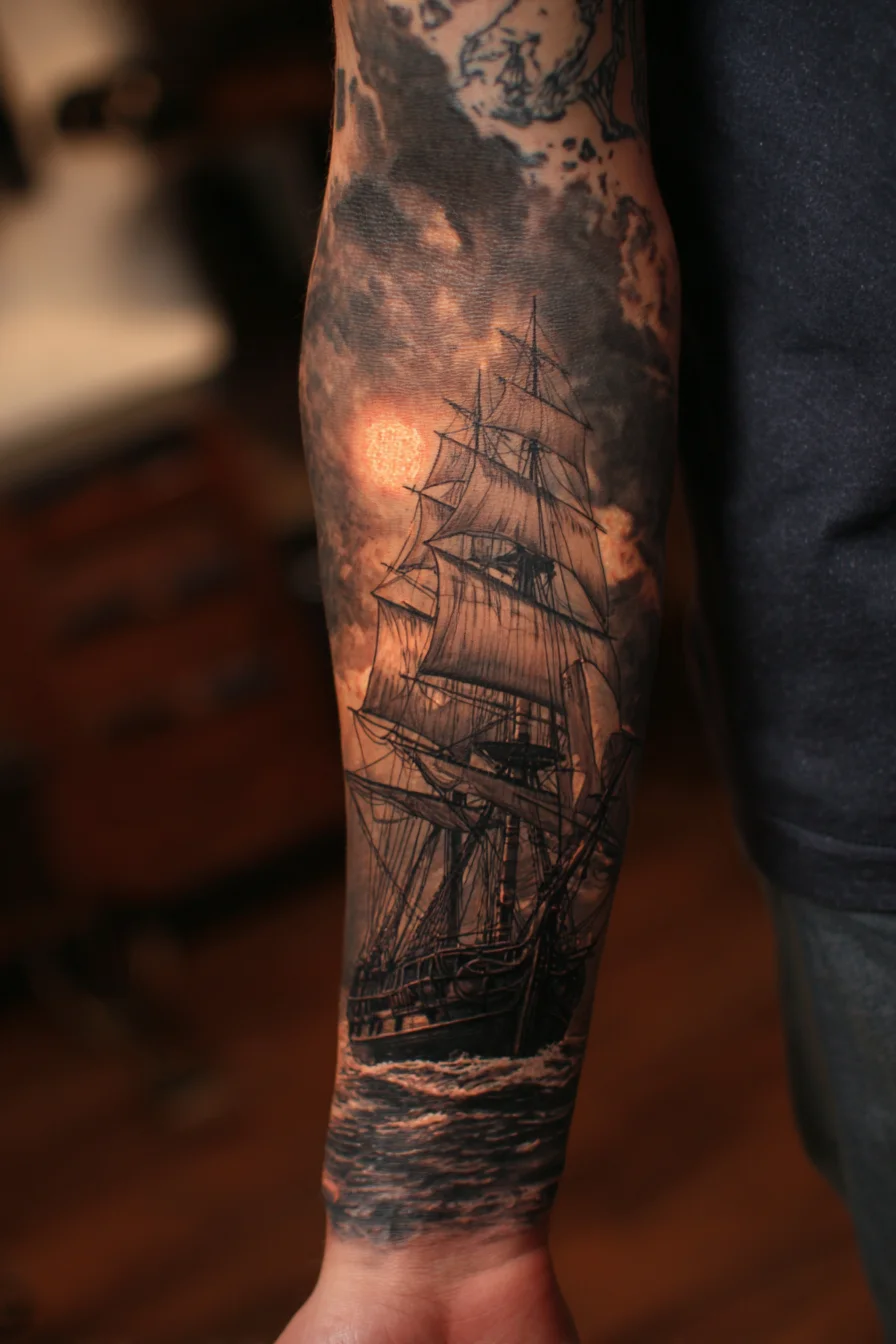 Realistic Tall-Ship Forearm Tattoo — Nautical Ship, Waves, Compass
