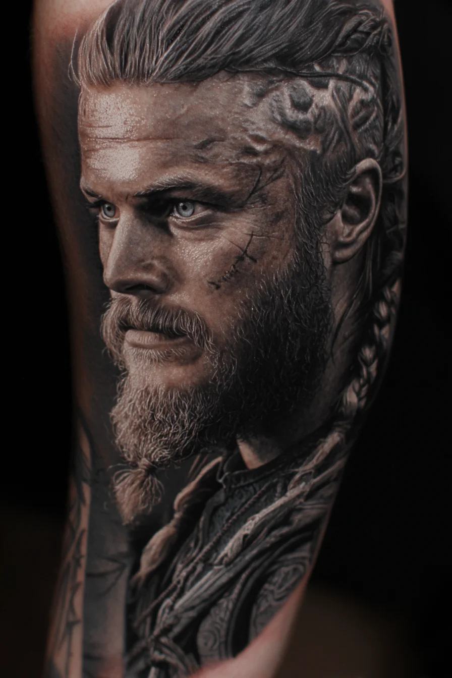 Realistic Viking Portrait Tattoo — Norse Warrior Face, Beard & Braids