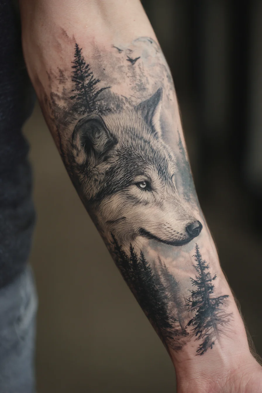 Realistic Wolf Forearm Tattoo — Black & Grey Nature Portrait