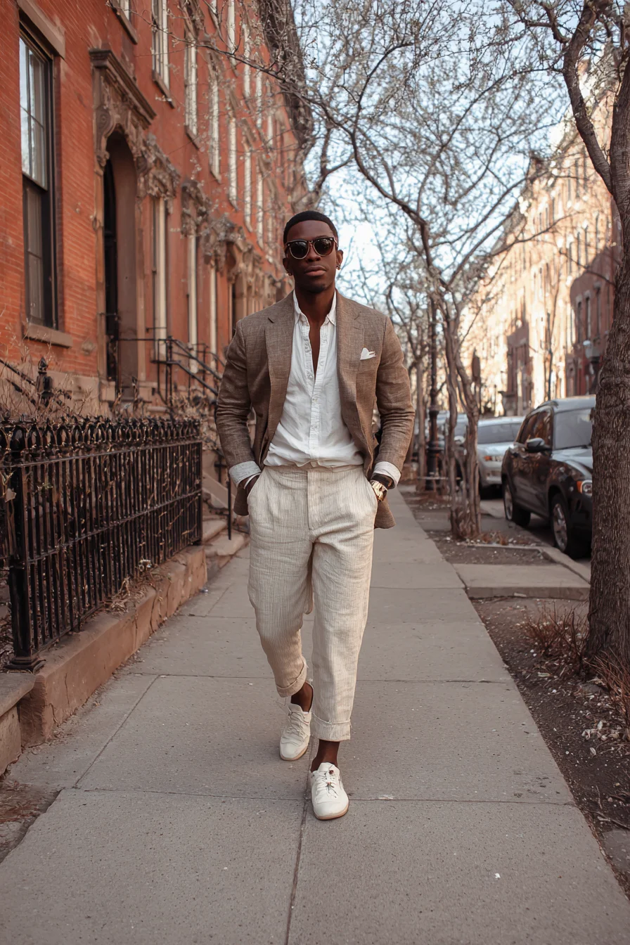 Relaxed Tailored Menswear: Linen Trousers, Unstructured Blazer & White Sneakers
