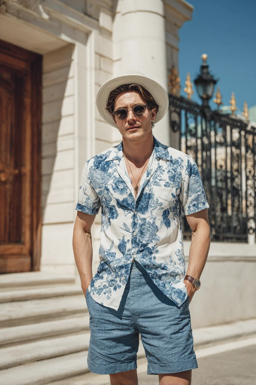 Resort Casual: Blue Floral Shirt with Linen Shorts — Mens Summer Style