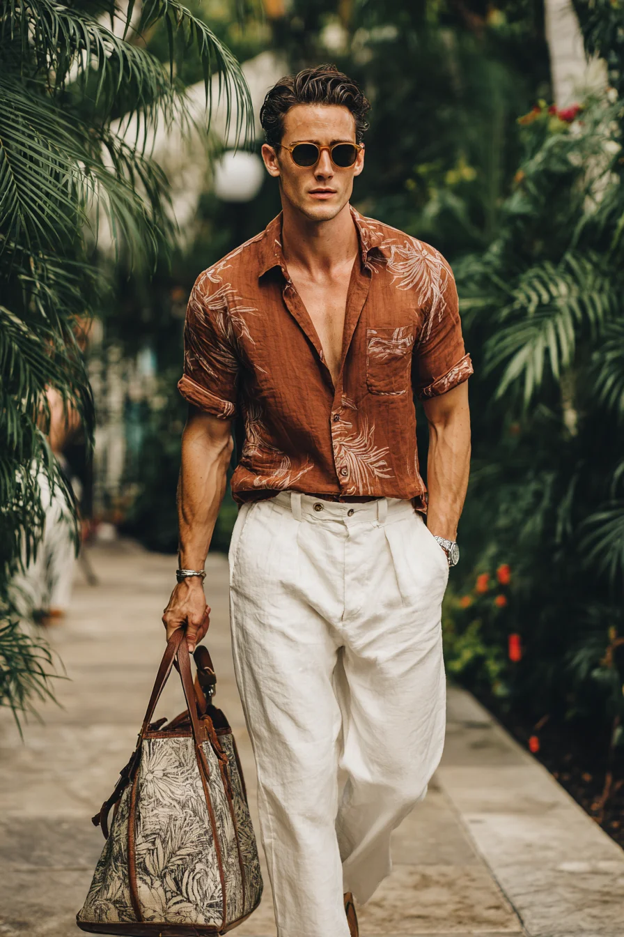 Resort-Casual: Rust Cuban Collar Shirt with White Linen Trousers for Men