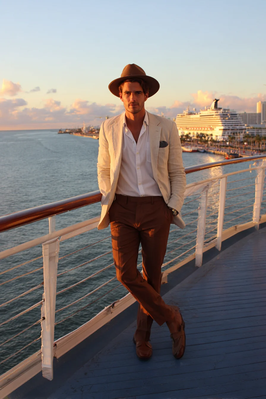 Resort-Elegant Linen Blazer Outfit — White Shirt, Brown Trousers & Fedora