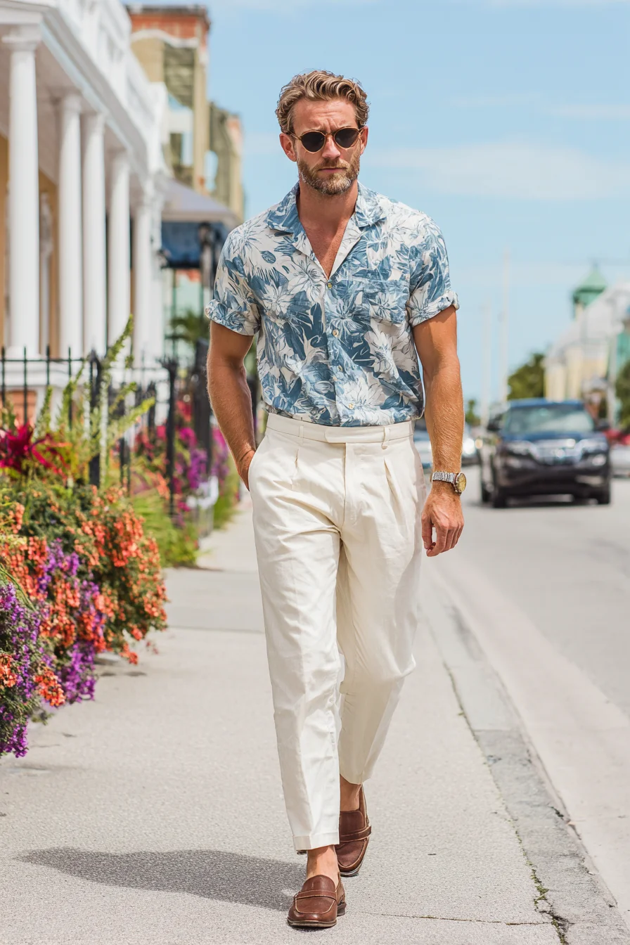 Resort-Ready: Floral Camp Shirt with Cream Pleated Trousers & Brown Loafers
