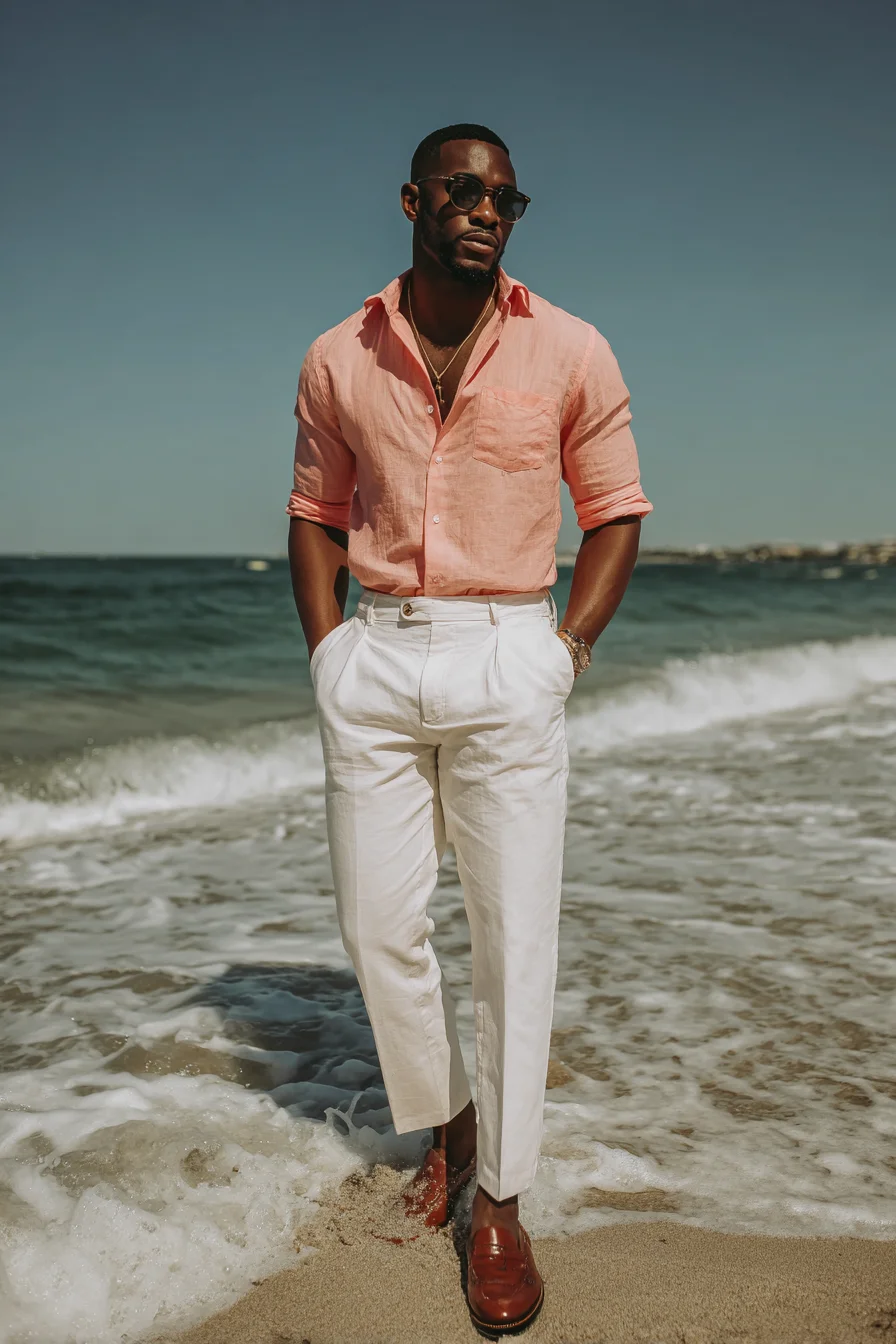 Resort-Ready Linen Look: Coral Shirt with White Trousers and Brown Loafers