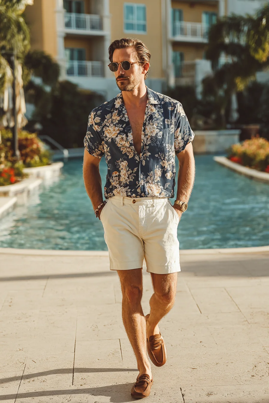 Resort-Ready Mens Look: Floral Short-Sleeve Shirt, Cream Shorts & Brown Loafers