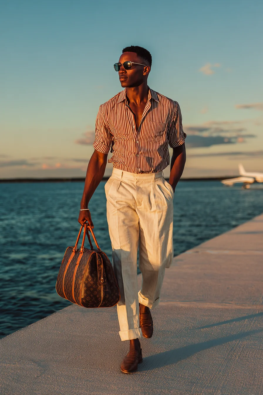 Resort-Ready Smart Casual: Striped Shirt, Pleated Linen Trousers & Loafers