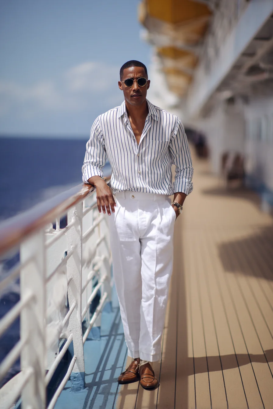 Resort Smart-Casual: Navy-Striped Shirt with White Linen Trousers