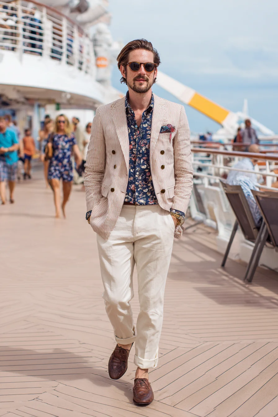 Resort Smart-Casual: Striped Blazer with Floral Shirt & Linen Trousers